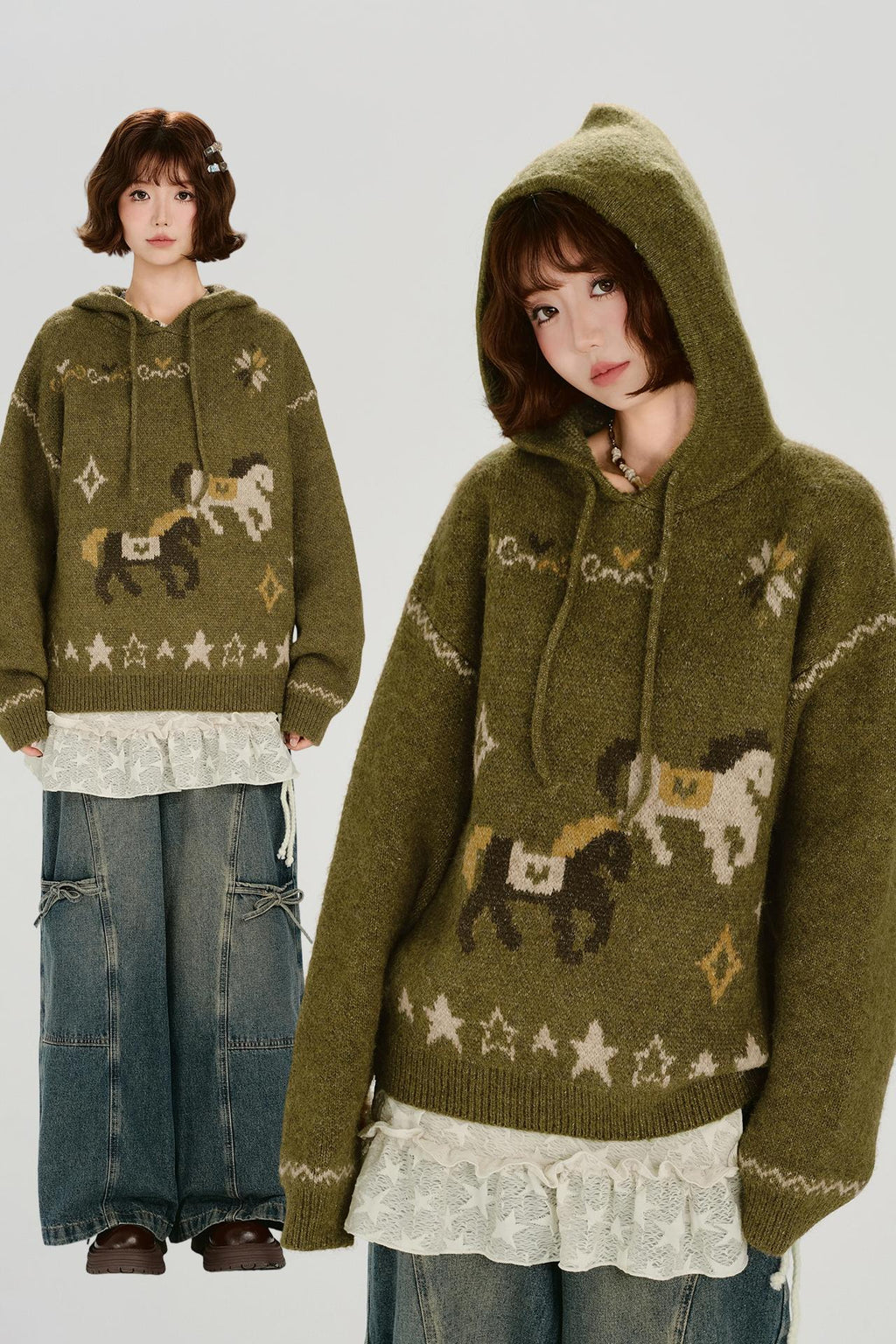 レトロジャカードフーディトップス