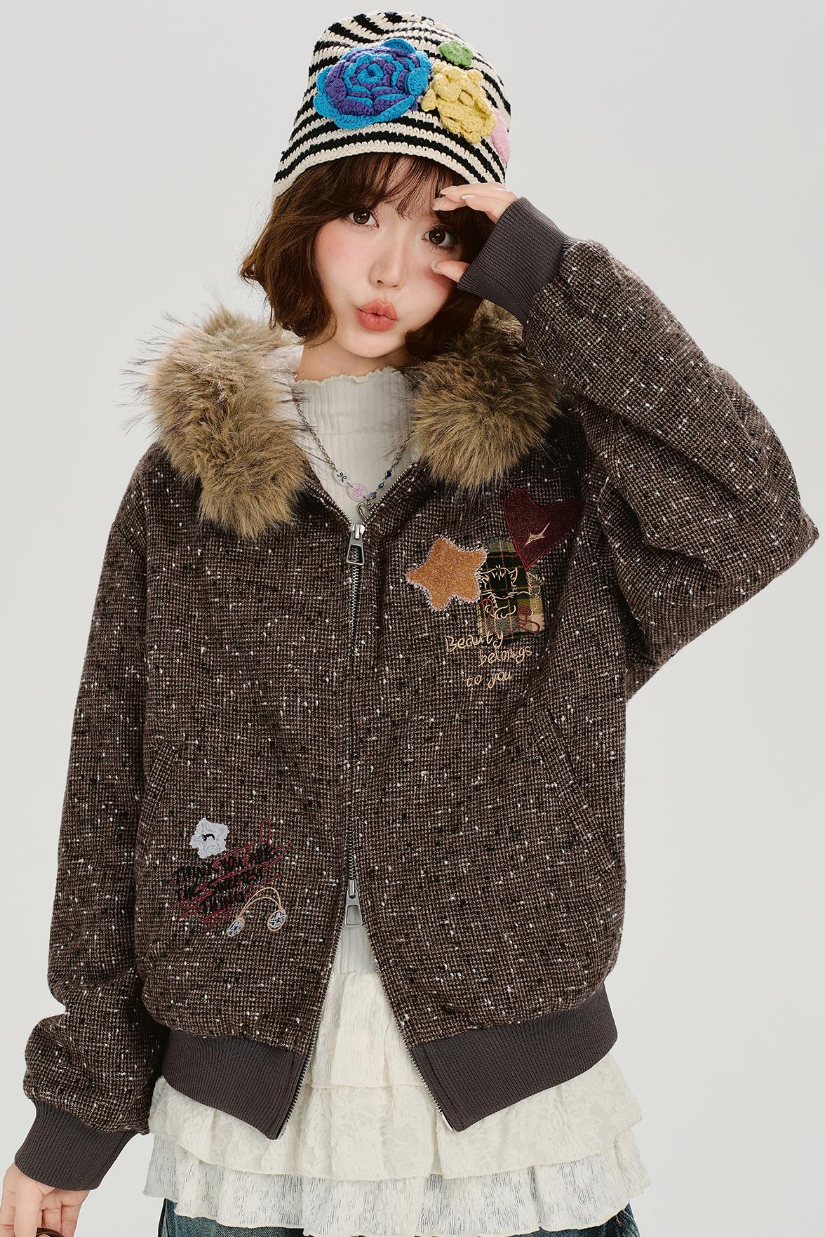 レトロファーカラーフーデッドジャケット