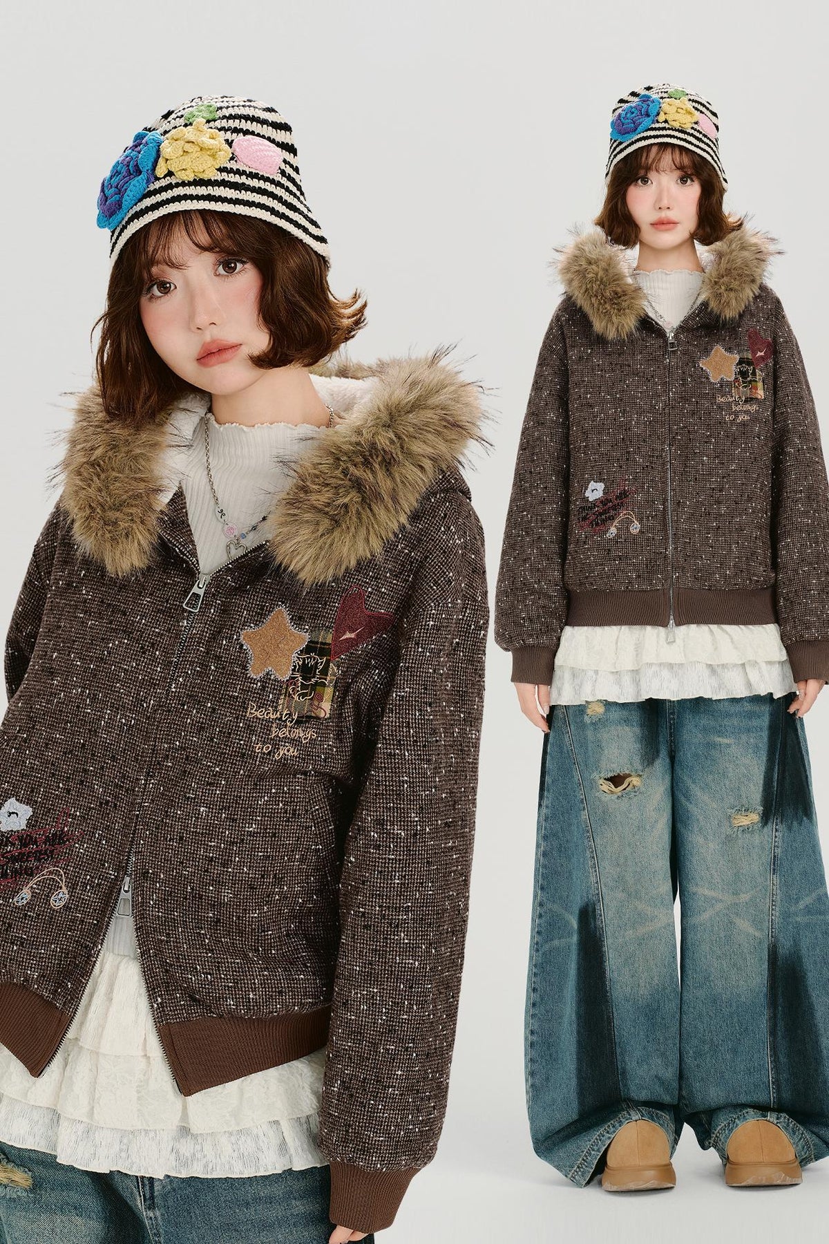レトロファーカラーフーデッドジャケット