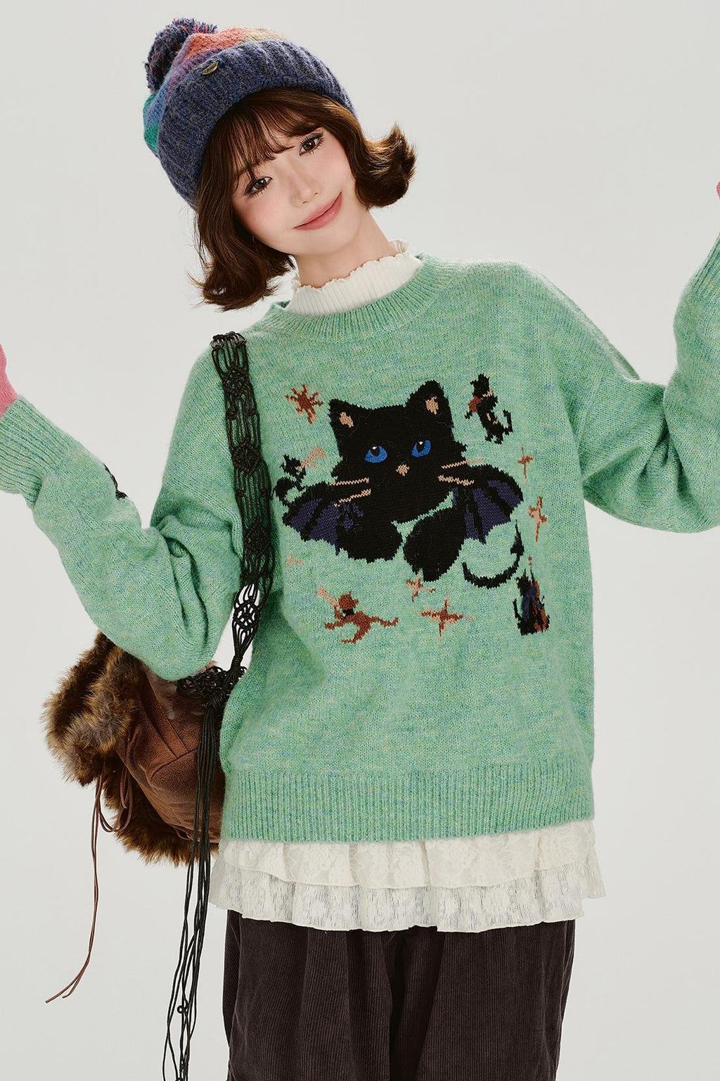 キャットジャガードレトロプルオーバートップス