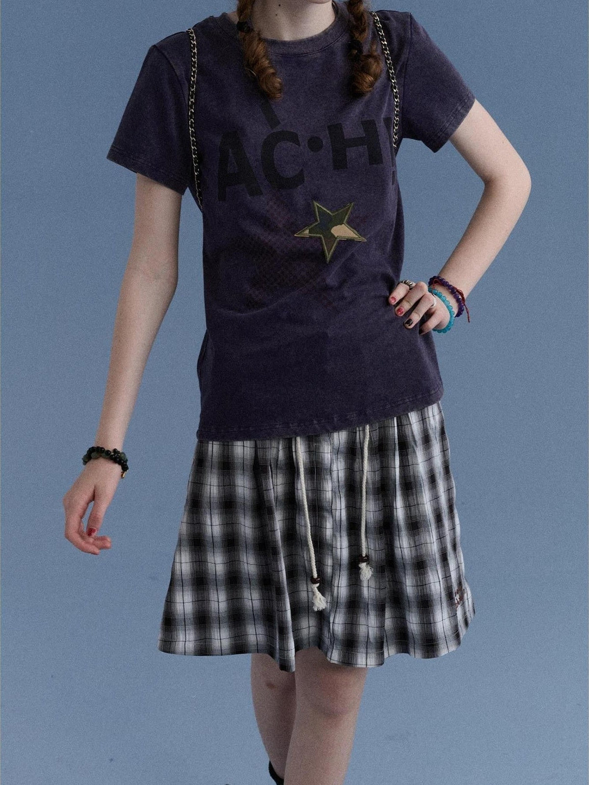Plaid Star Print Oversized Women's Cotton Short Sleeve T-shirts