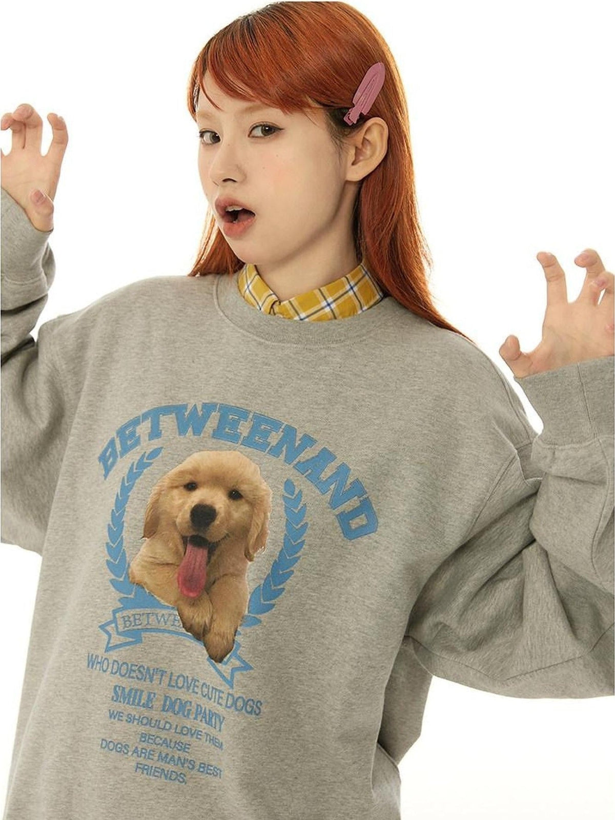 Gray Tongue Out Puppy Motif Loose Fit Women's Cotton Blend Sweatshirts