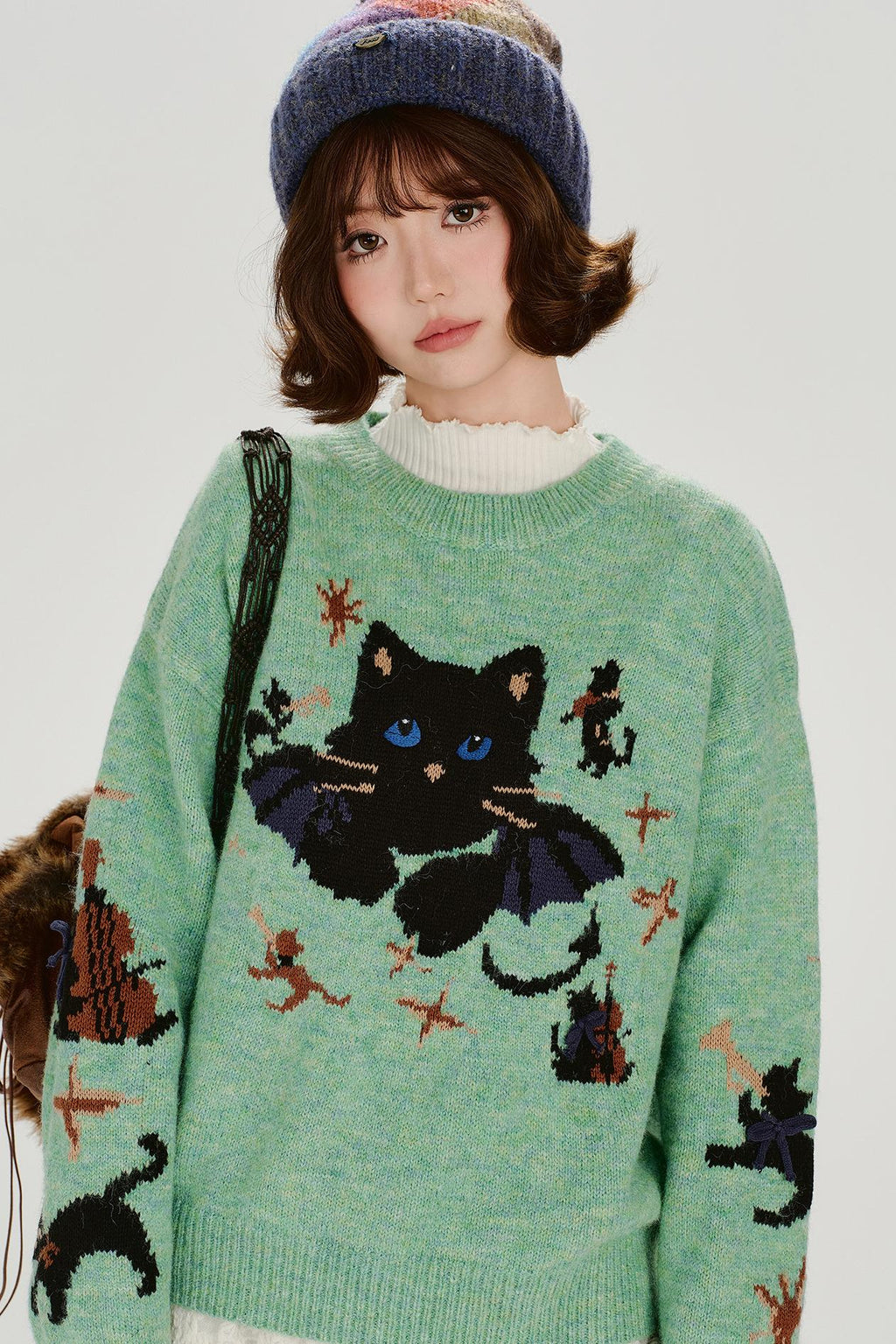 キャットジャガードレトロプルオーバートップス