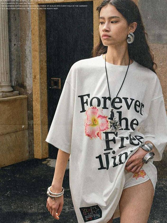 Floral Letter Print Rhinestone Drop Shoulder Loose Women's Oversized T-shirts