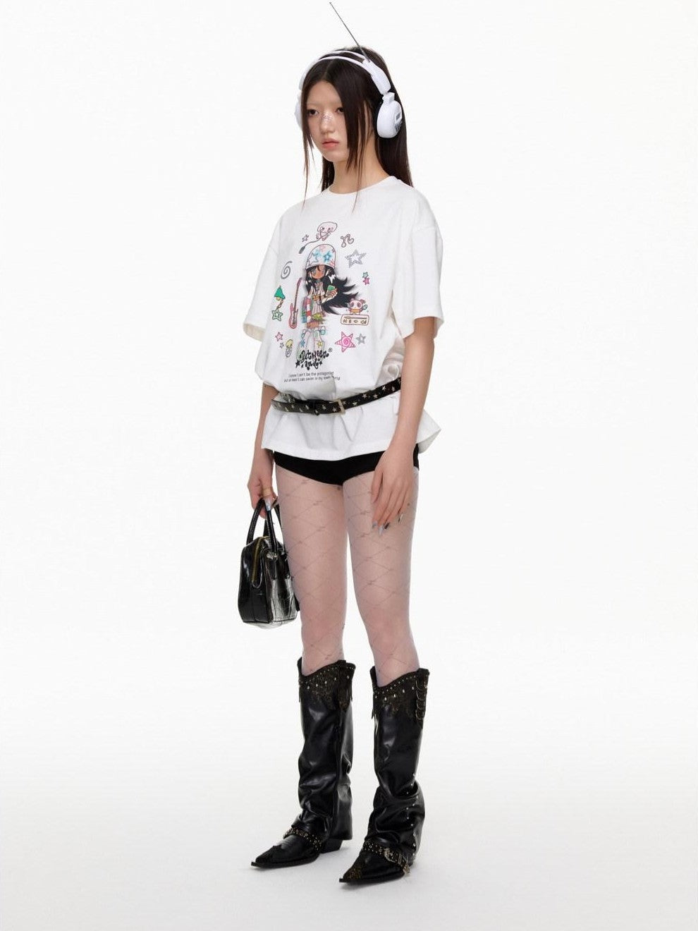Two Tone Illustration Print Half High Neck Women's Cotton Oversized T-shirts