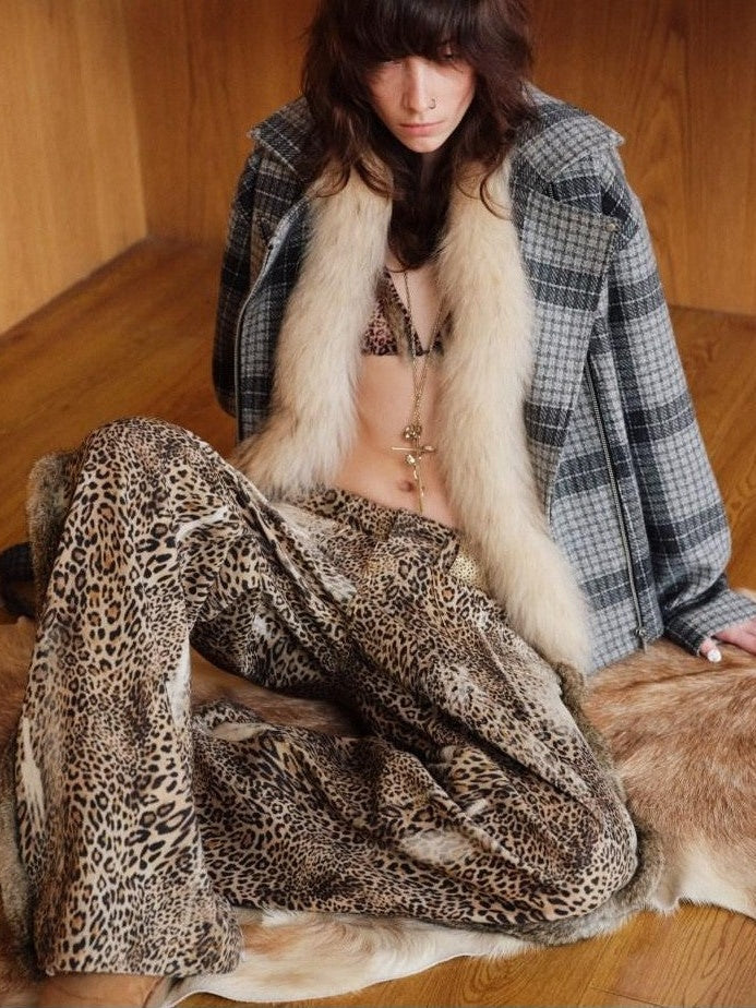 Leopard Patchwork Deconstructed Low Rise Women's Rabbit Fur Wide-leg Jeans