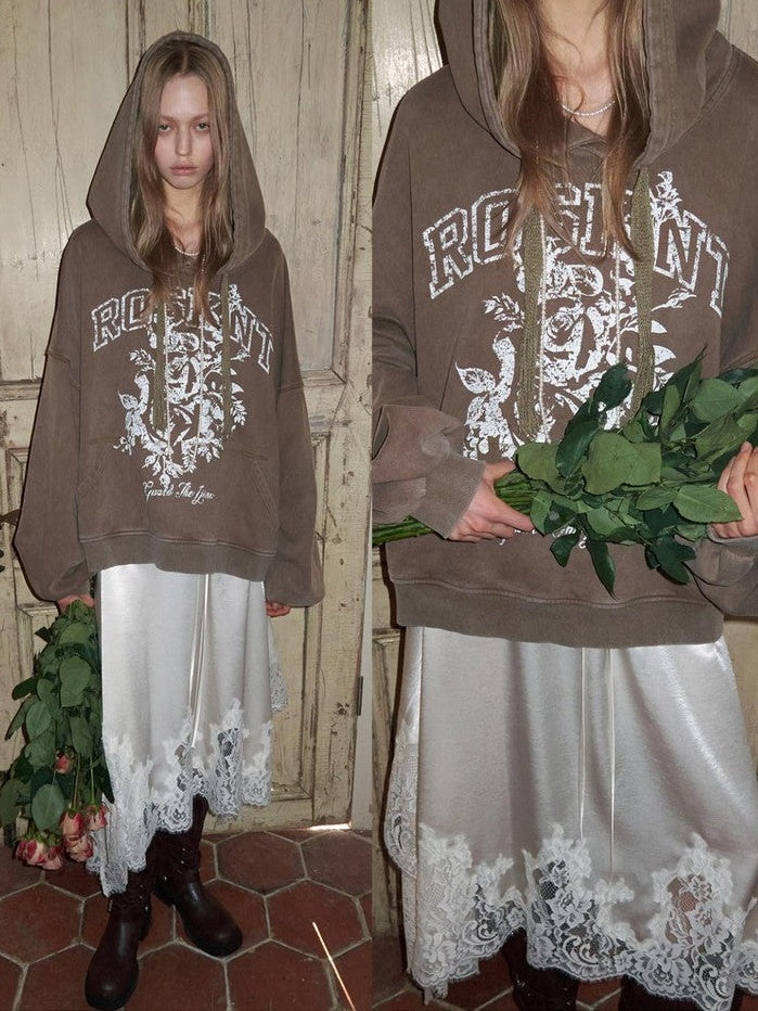 American Ruched Sleeve Rose Print Washed Distressed Oversized Women's Hoodies