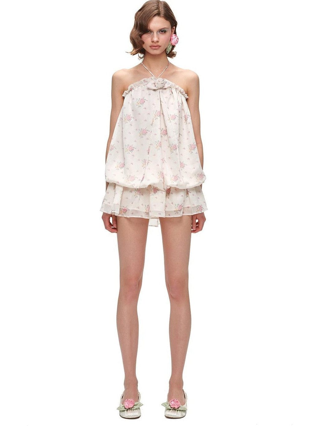 Resort Floral Print Double Layer Bandeau Tulip Hem Women's Halter Mini Dresses