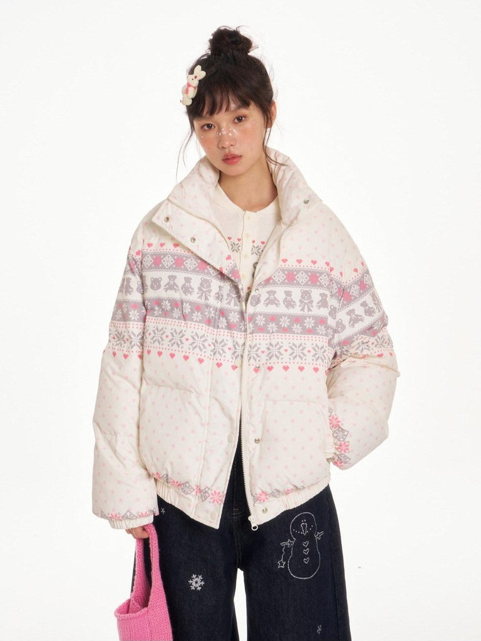 Fair Isle Print Stand Collar Women's White Duck Down Down Jackets