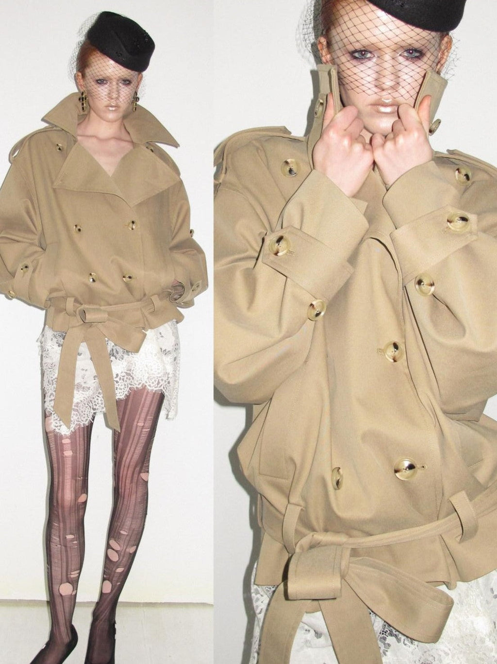 Stand Collar Curved Shoulder Double Breasted Belted Women's Trench Coats