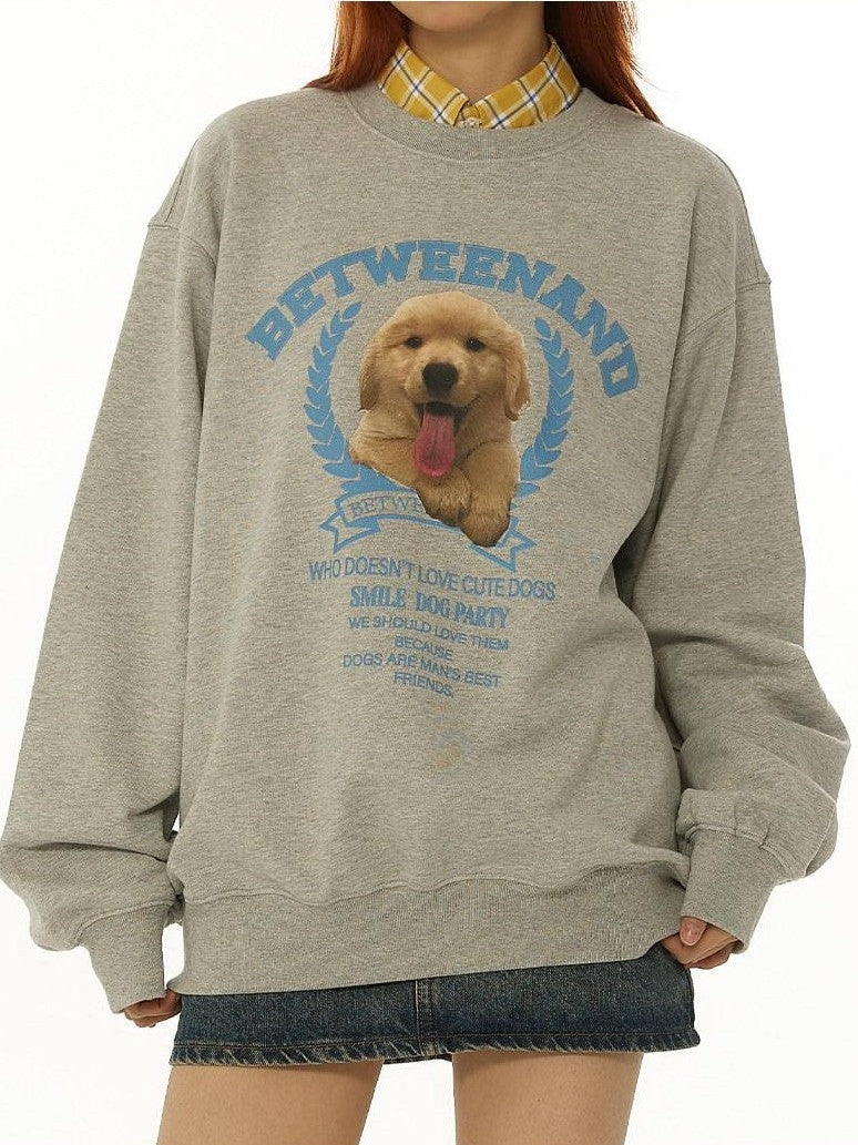 Gray Tongue Out Puppy Motif Loose Fit Women's Cotton Blend Sweatshirts