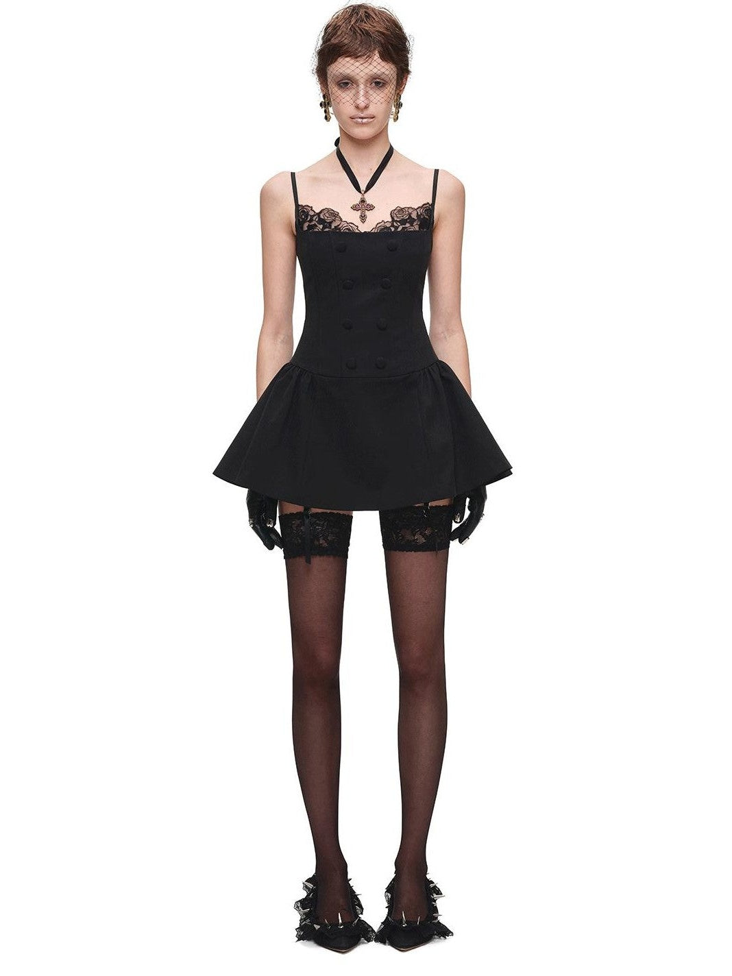 Patchwork Lace Napoleon Double Breasted Cinched Waist Women's Slip Mini Dresses