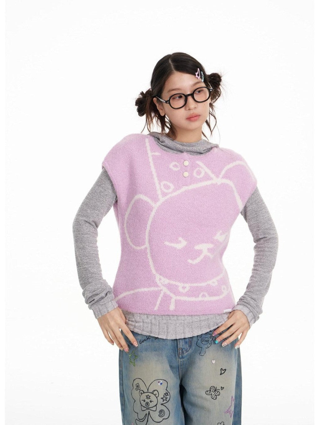 Lilac Bear Print Layered Cap Women's Polyester Blend Short Sleeve T-shirts