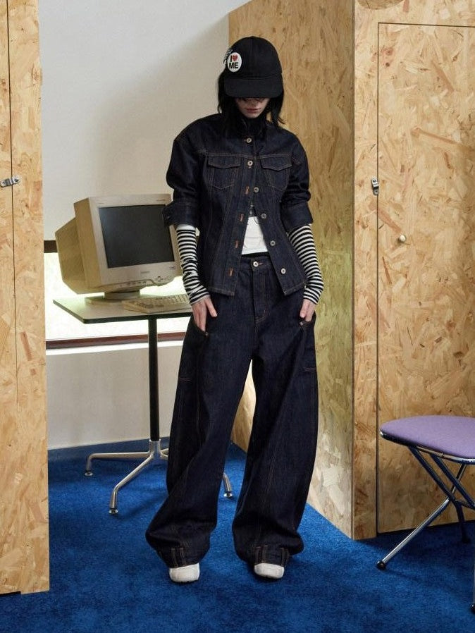 Raw Denim Deconstructed Wide Shoulder Women's Cotton Casual Top & Pants Sets