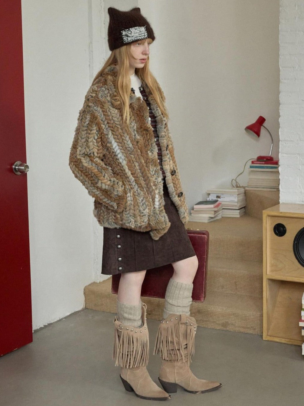 Straw Yellow Colorblock Woven Shirt Style Women's Rabbit Fur Overshirts