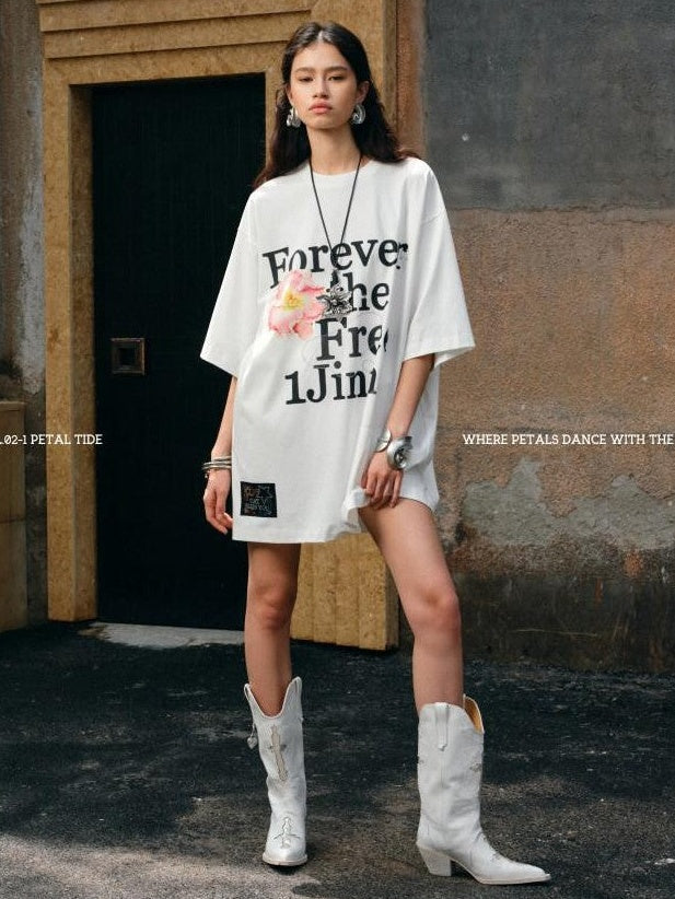 Floral Letter Print Rhinestone Drop Shoulder Loose Women's Oversized T-shirts