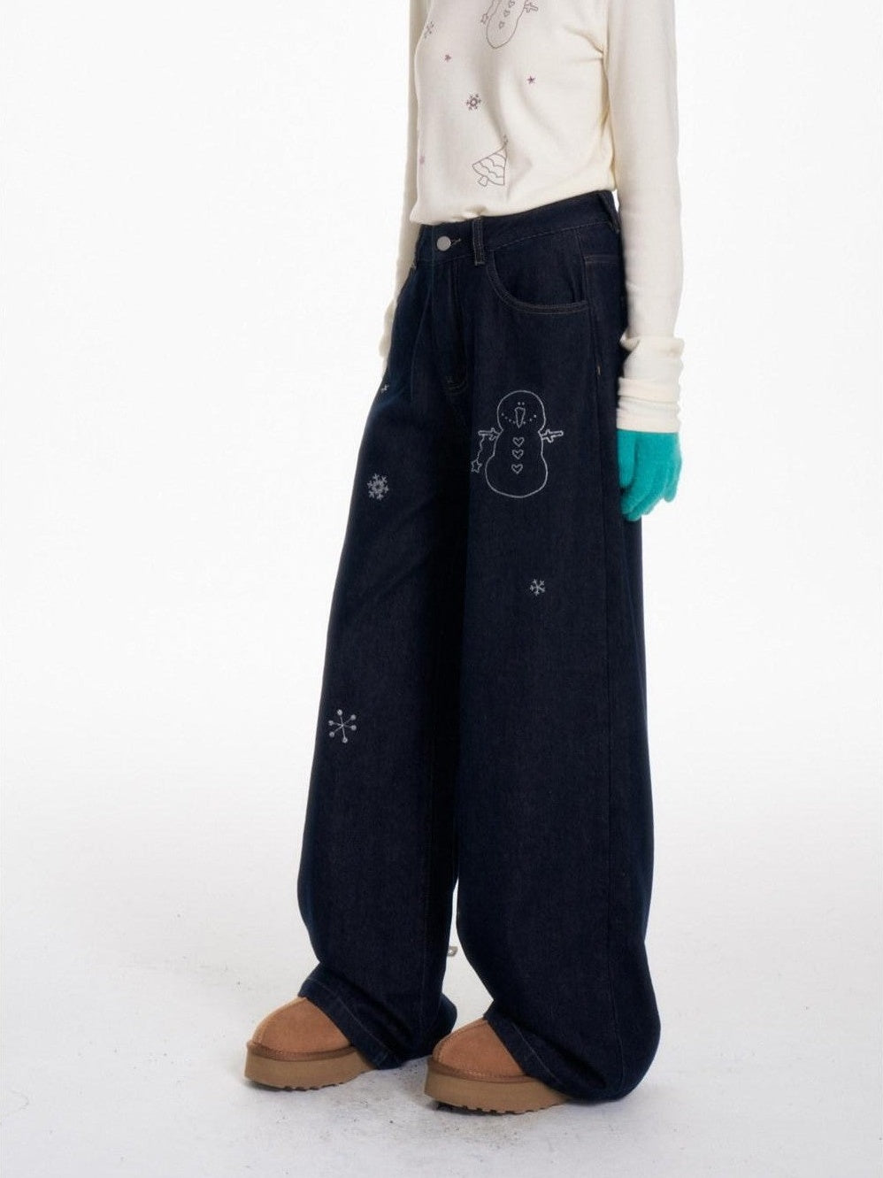 Snowman Print Vintage Loose Slimming Fleece Lined Women's Denim Wide-leg Jeans