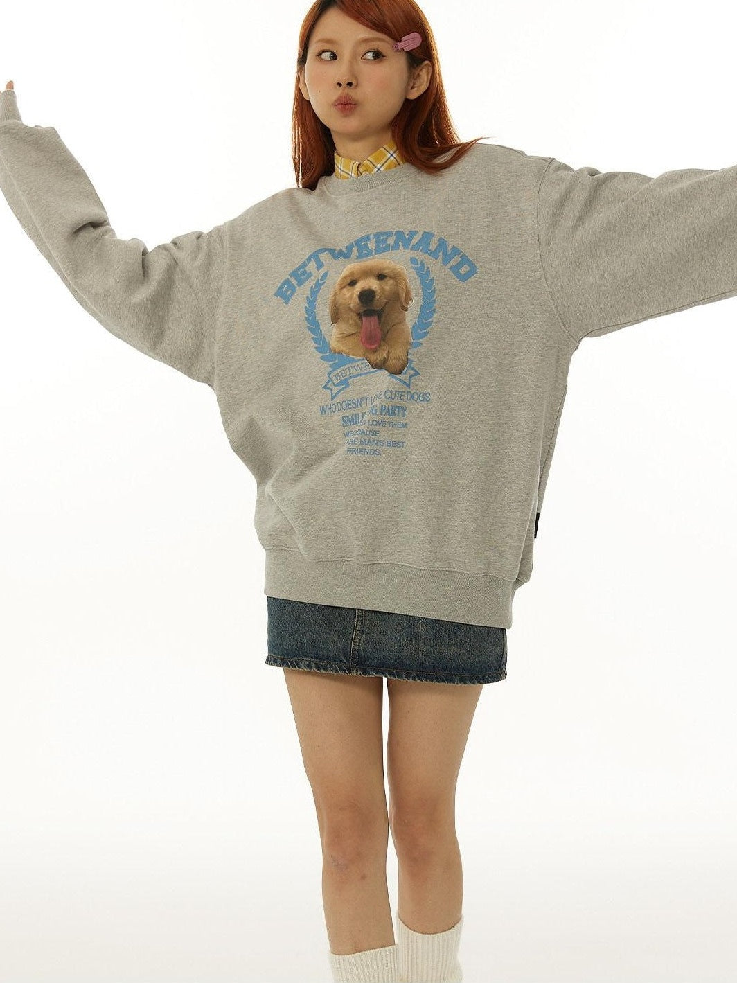 Gray Tongue Out Puppy Motif Loose Fit Women's Cotton Blend Sweatshirts