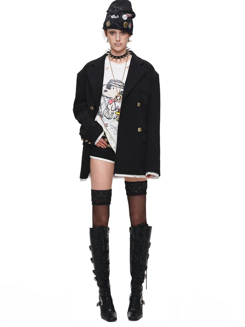 Spliced Colorblock Faux Two Piece Double Breasted Wide Shoulder Women's Blazers