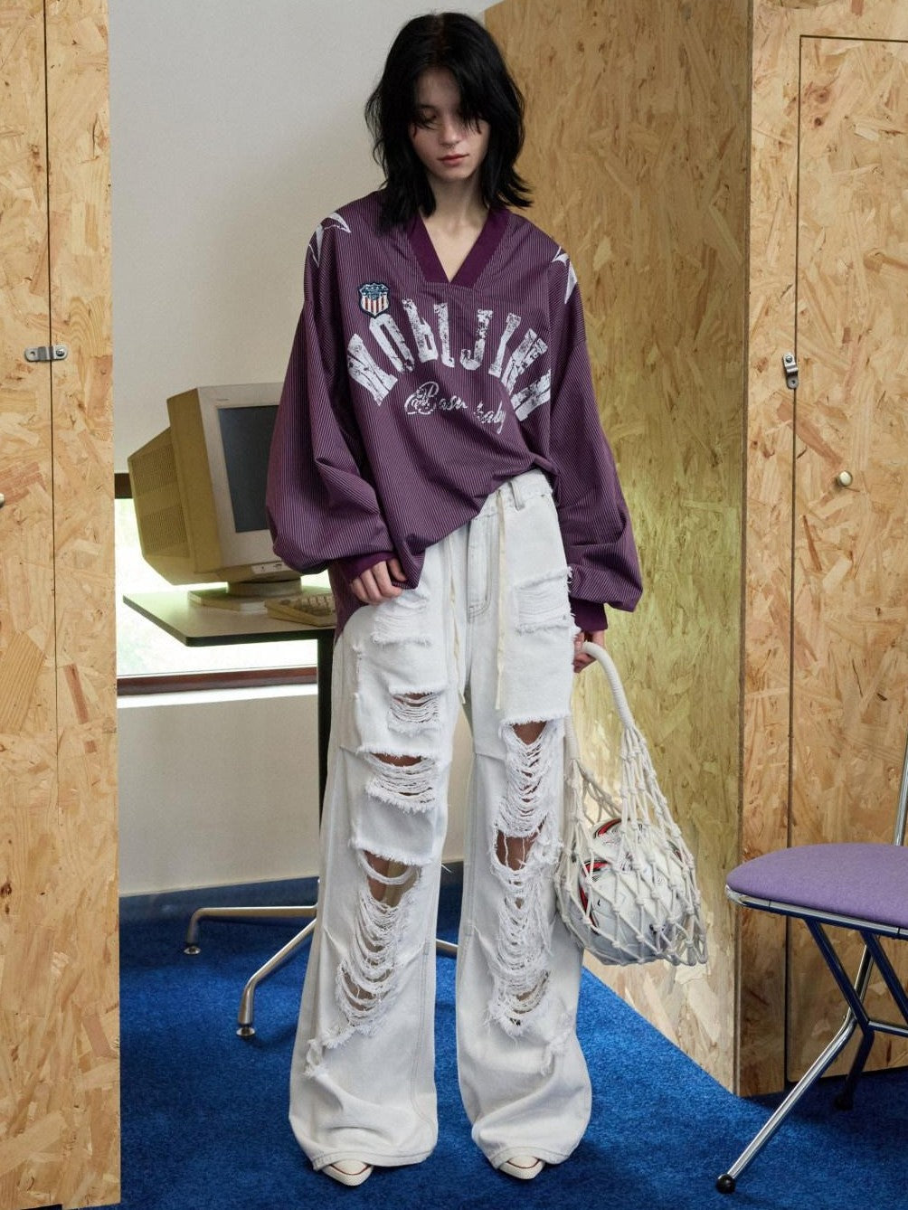 Letter Print V-neck Plaid Loose Jersey Women's Long Sleeve T-shirts