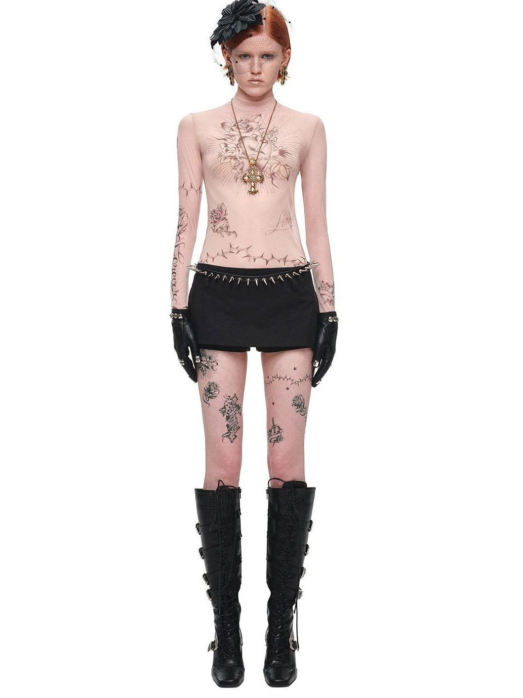 Lightweight Tattoo Print Slim Fit Women's Mesh Stretch Long Sleeve T-shirts