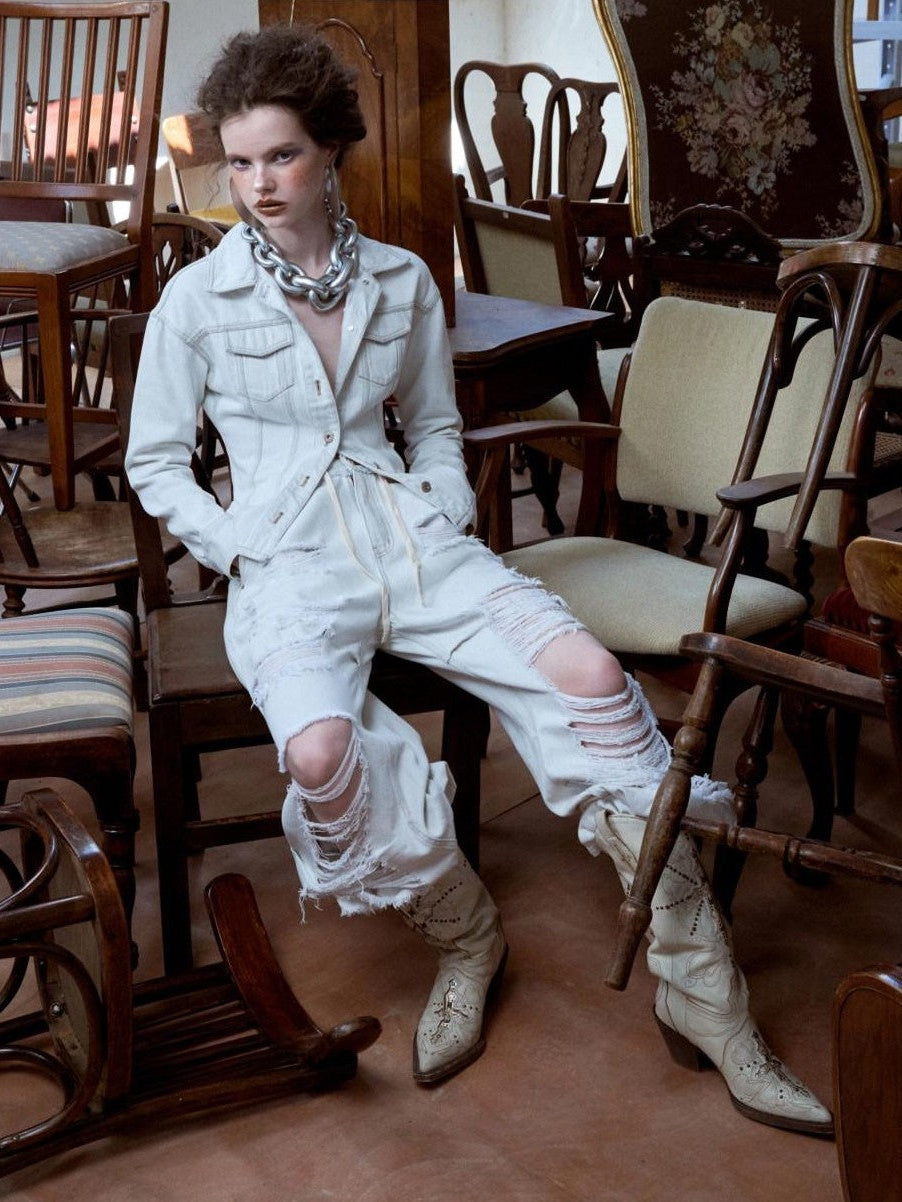 Distressed White Cinched Waist Slimming Polo Collar Women's Denim Jackets