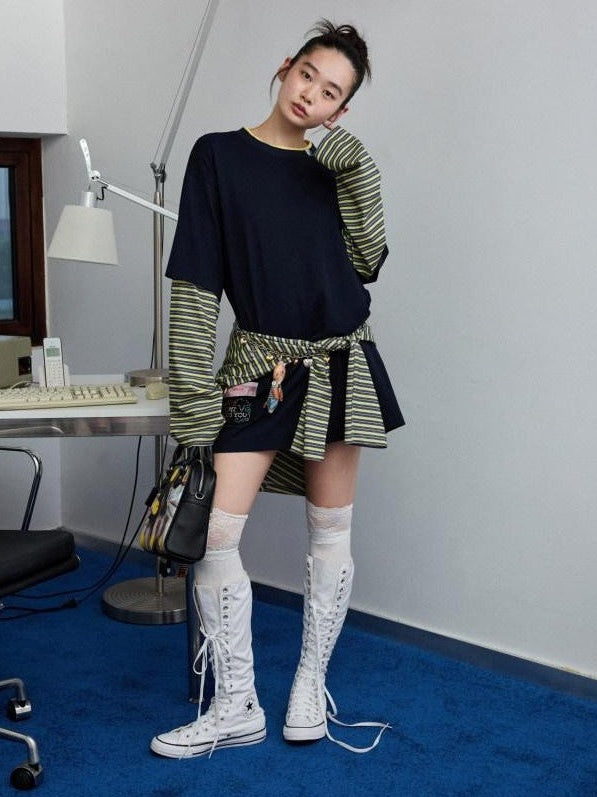 Relaxed Contrast Striped Faux Layered Long Sleeve Women's Oversized T-shirts