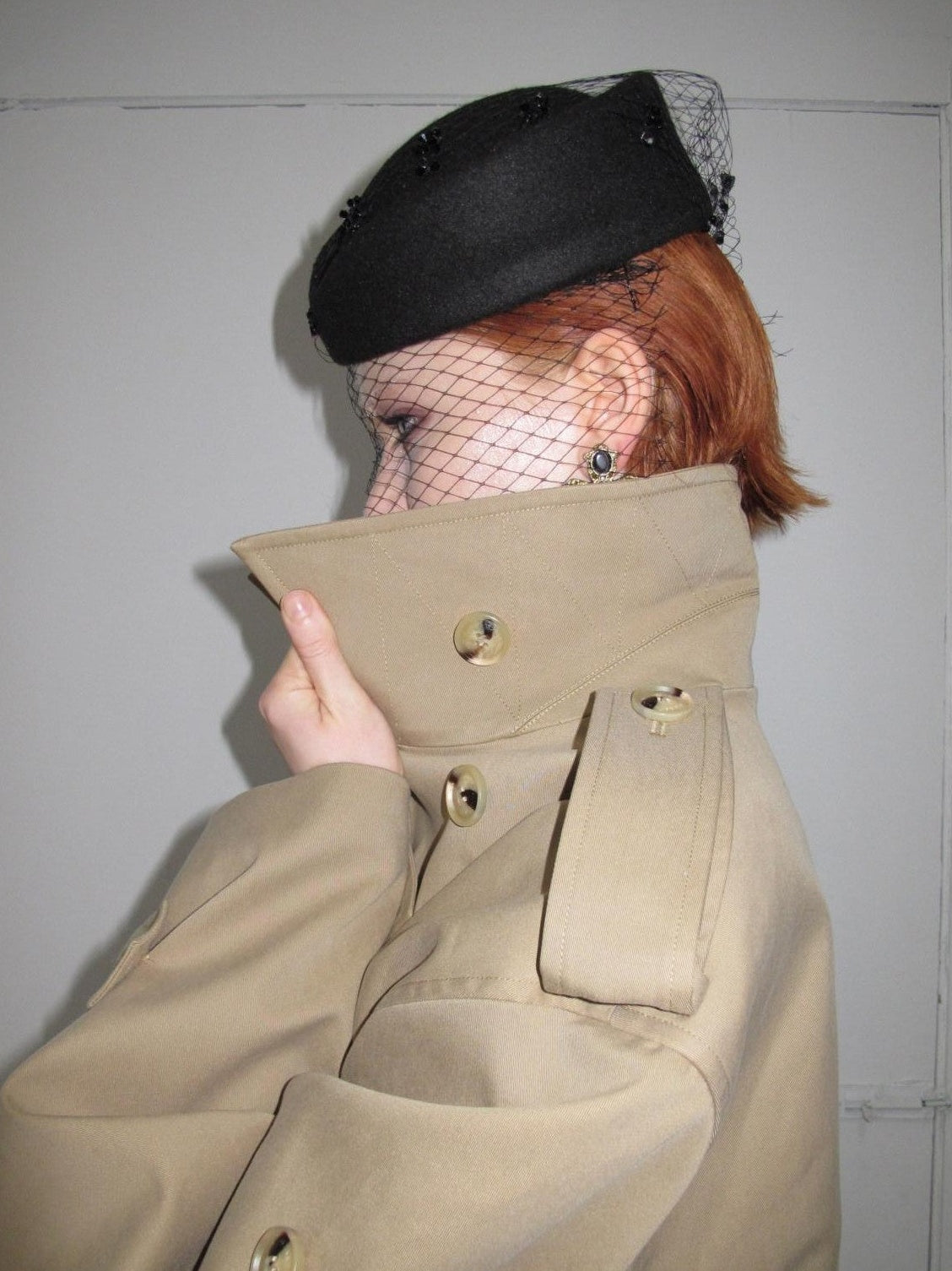 Stand Collar Curved Shoulder Double Breasted Belted Women's Trench Coats