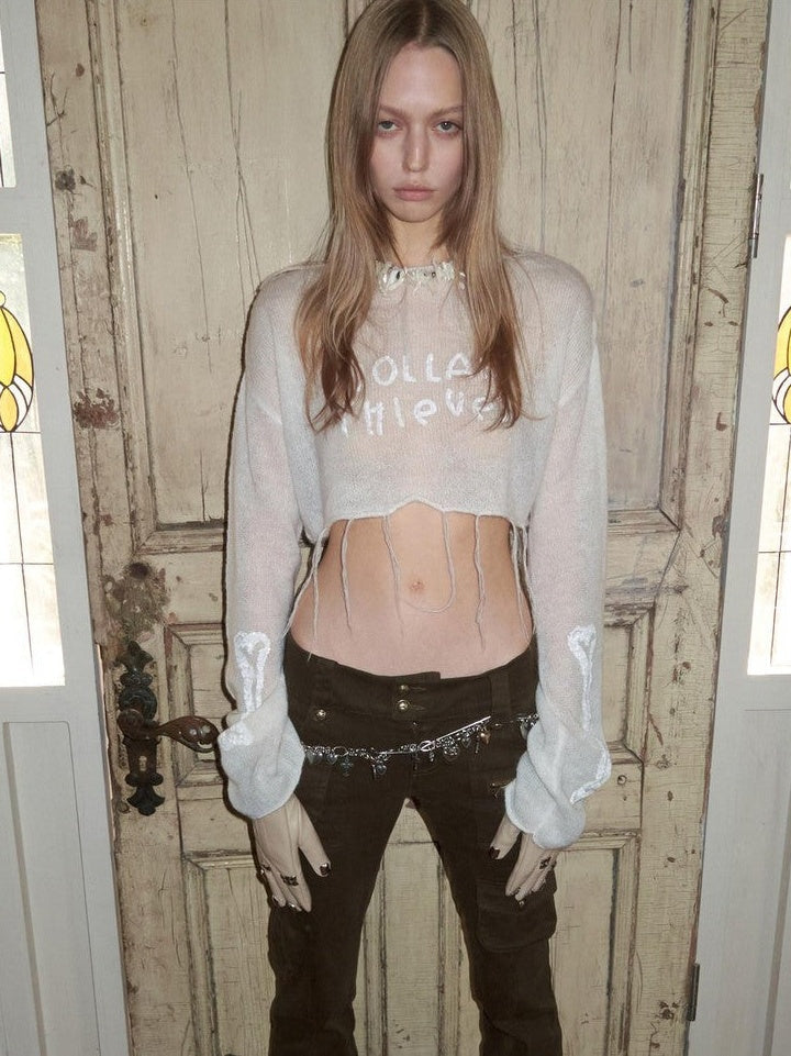 Sequin Embroidered Sheer Cropped Women's Mohair Long Sleeve T-shirts