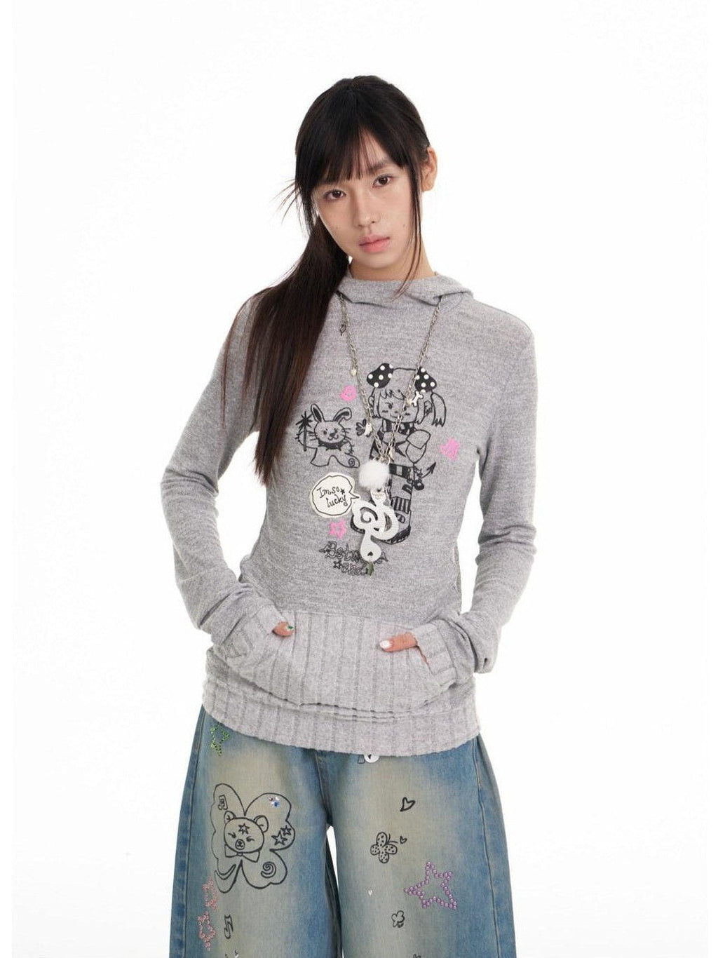 Bunny Ear Hood Puff Print Straight Cut Women's Polyester Blend Hoodies