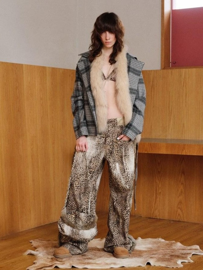 Leopard Patchwork Deconstructed Low Rise Women's Rabbit Fur Wide-leg Jeans