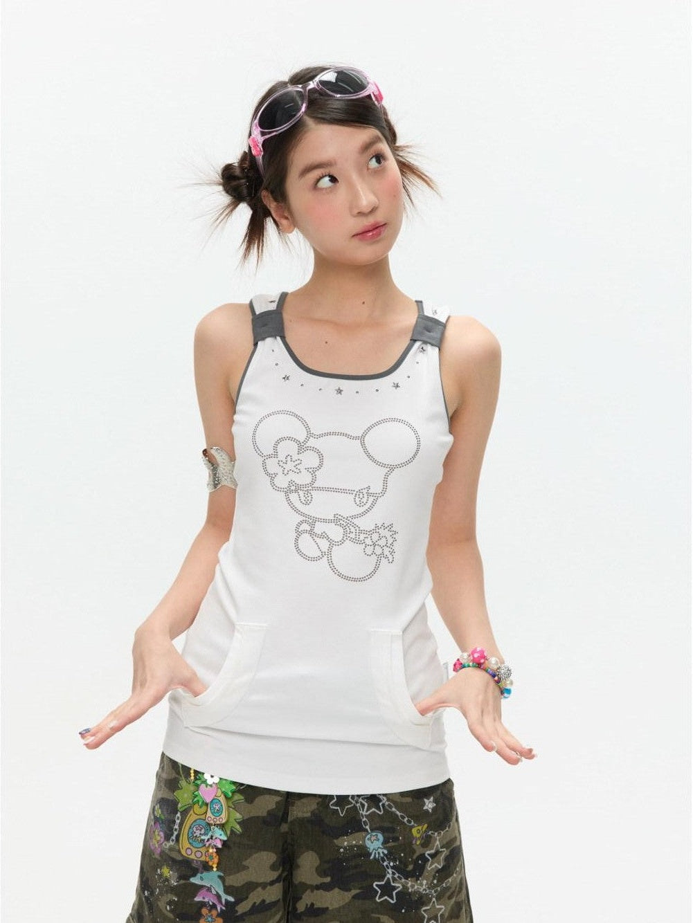Two Tone Beaded Faux Pocket Racerback Women's Viscose Blend Tank Tops