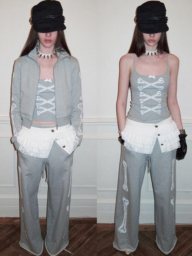 Vintage Bone Sequin Embroidery Stand Collar Cropped Women's Cotton Tracksuit Sets