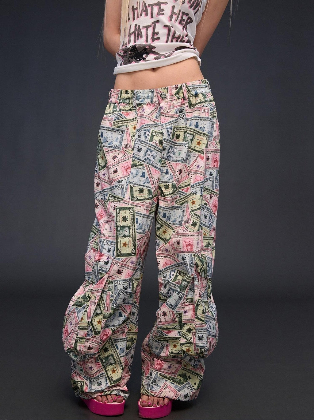 Money Print Cargo Multi Pocket Women'S Cotton Wide-Leg Pants