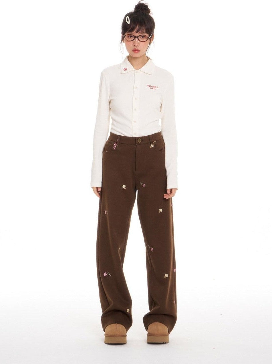 Brown Mushroom Floral Embroidery Women's Polyester Stretch Straight-leg Pants
