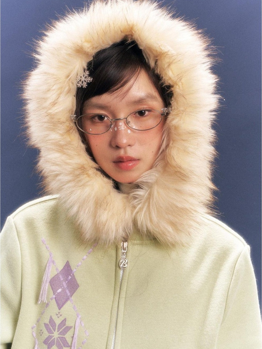 Green Snowflake Diamond Print Fur Collar Short Women's Cotton Zip-up Hoodies
