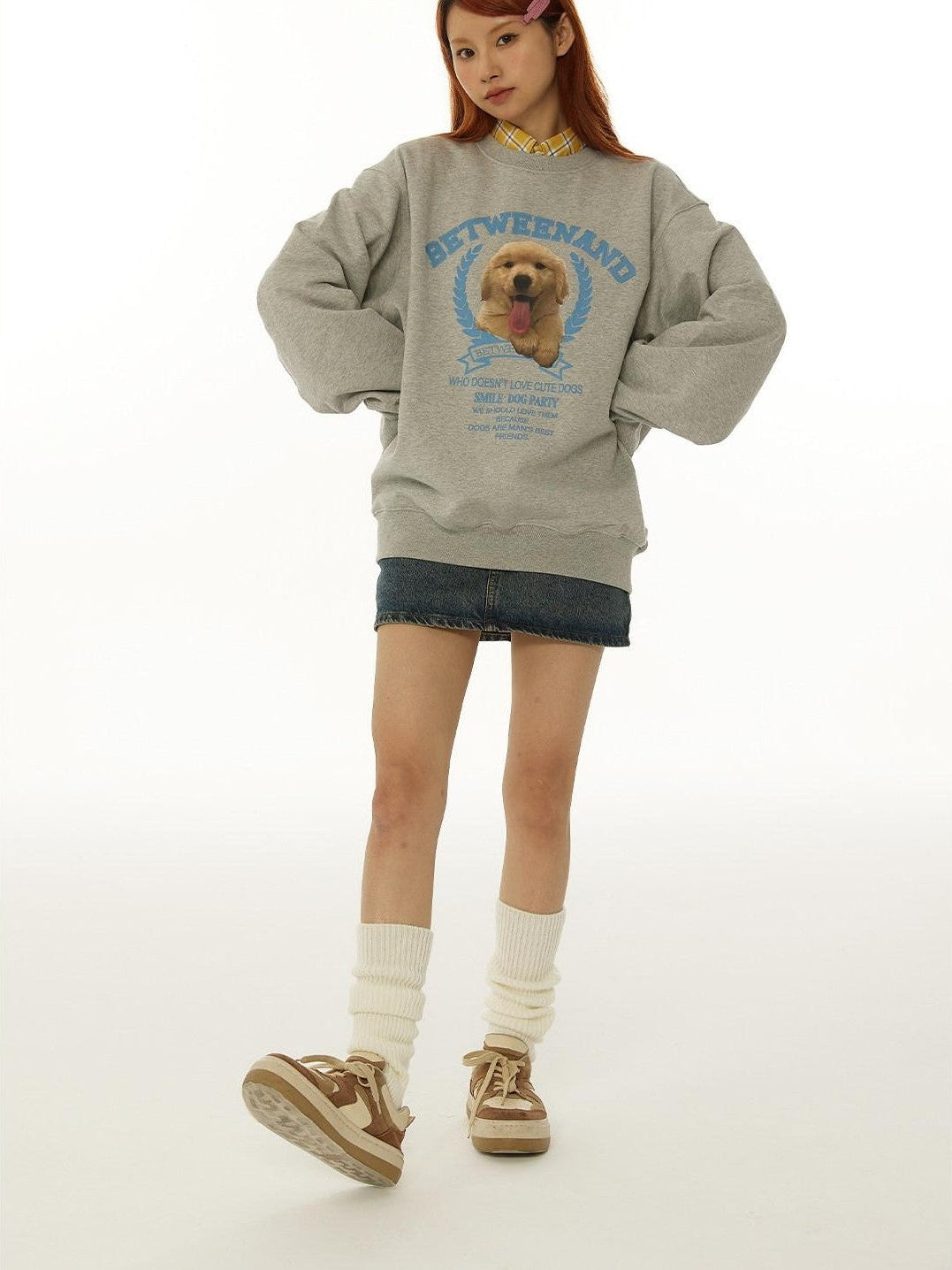 Gray Tongue Out Puppy Motif Loose Fit Women's Cotton Blend Sweatshirts