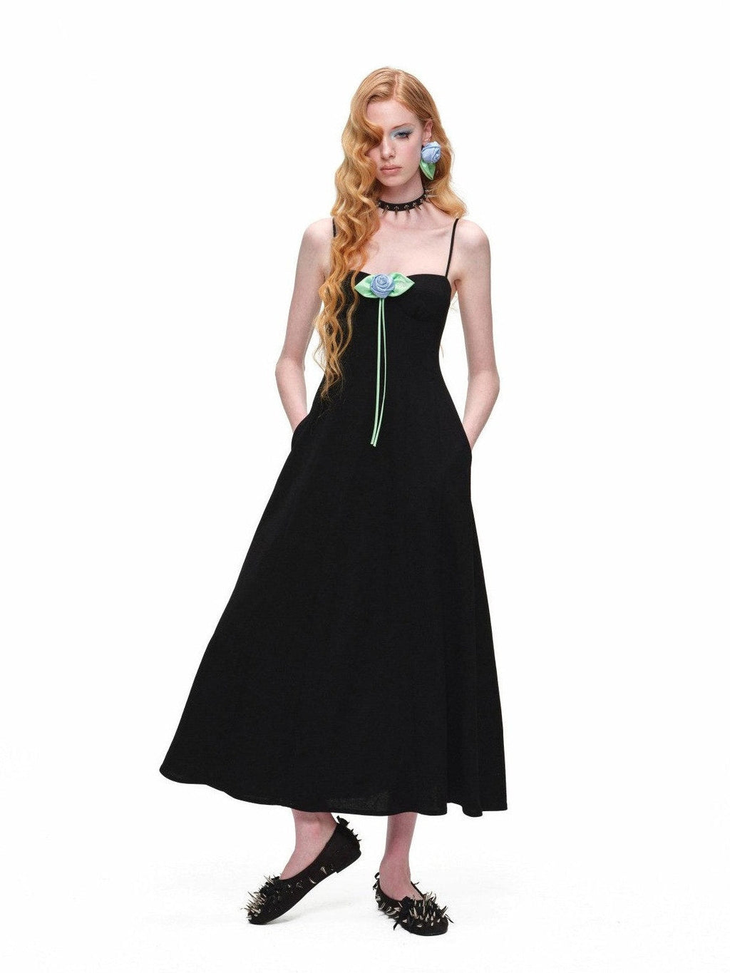 Black Boned Corset Cinched Waist Rose Brooch A Line Women's Slip Maxi Dresses