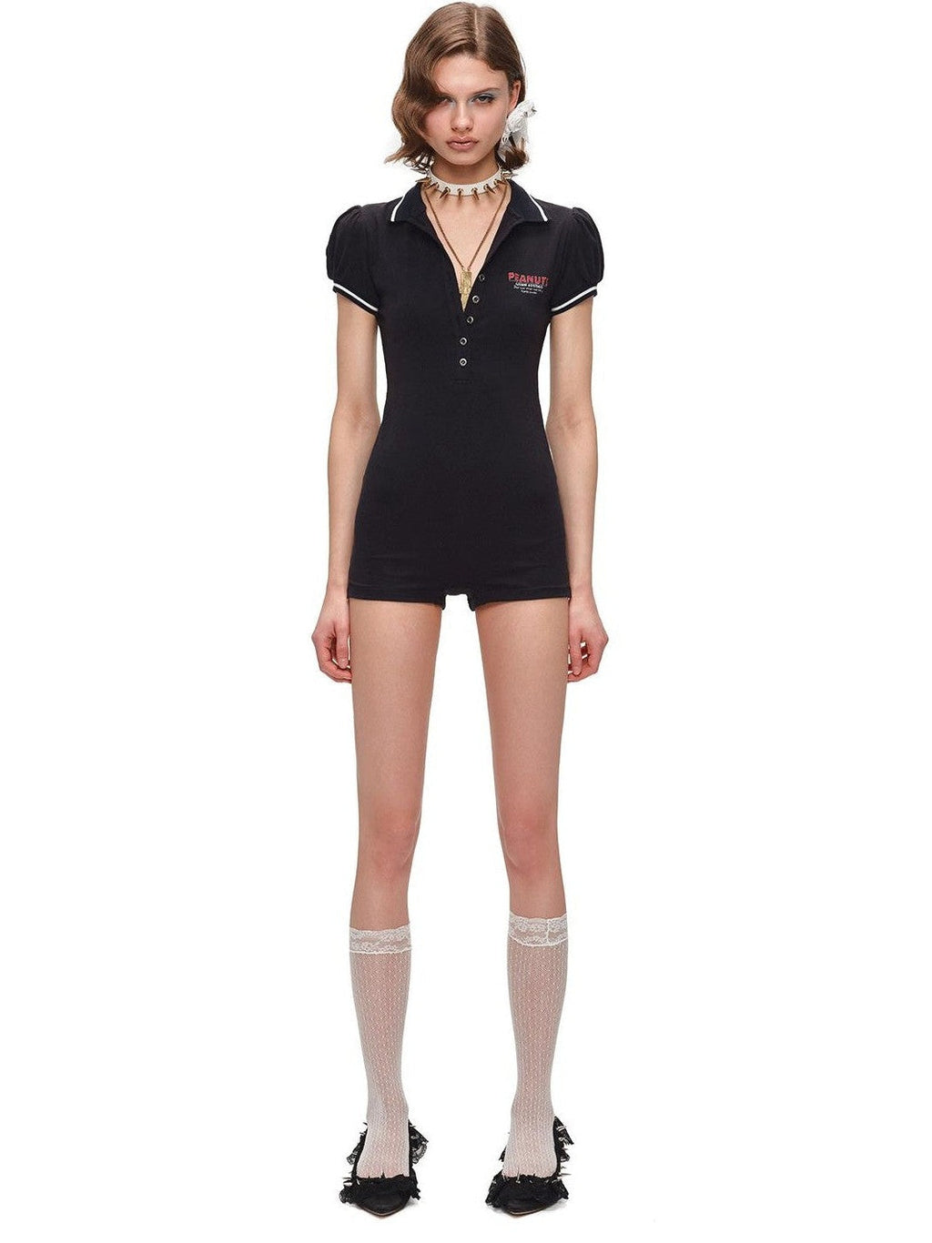 Nautical Puff Sleeve Polo Collar Slimming Women's Short Sleeve Bodysuits