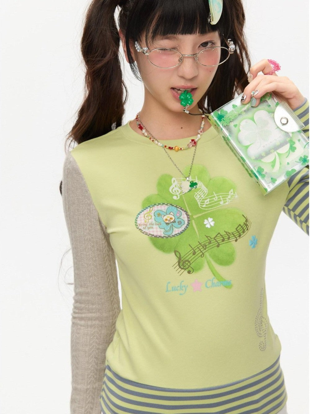 Colorblock Graffiti Clover Print Women's Cotton Long Sleeve T-shirts
