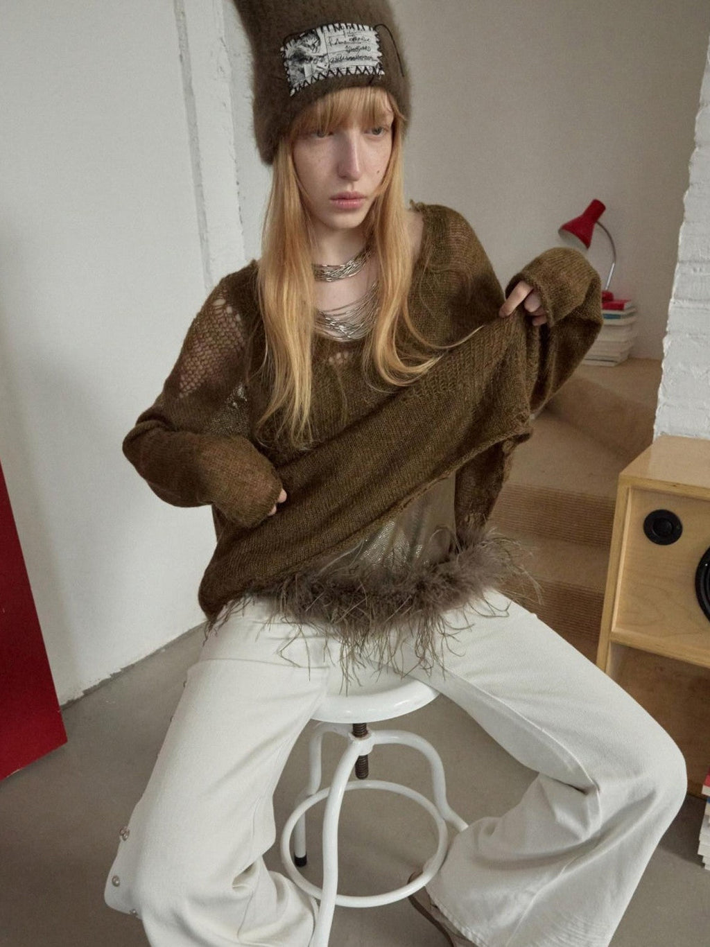 Star Cutout V-neck Sheer Relaxed Knit Women's Mohair Sweaters
