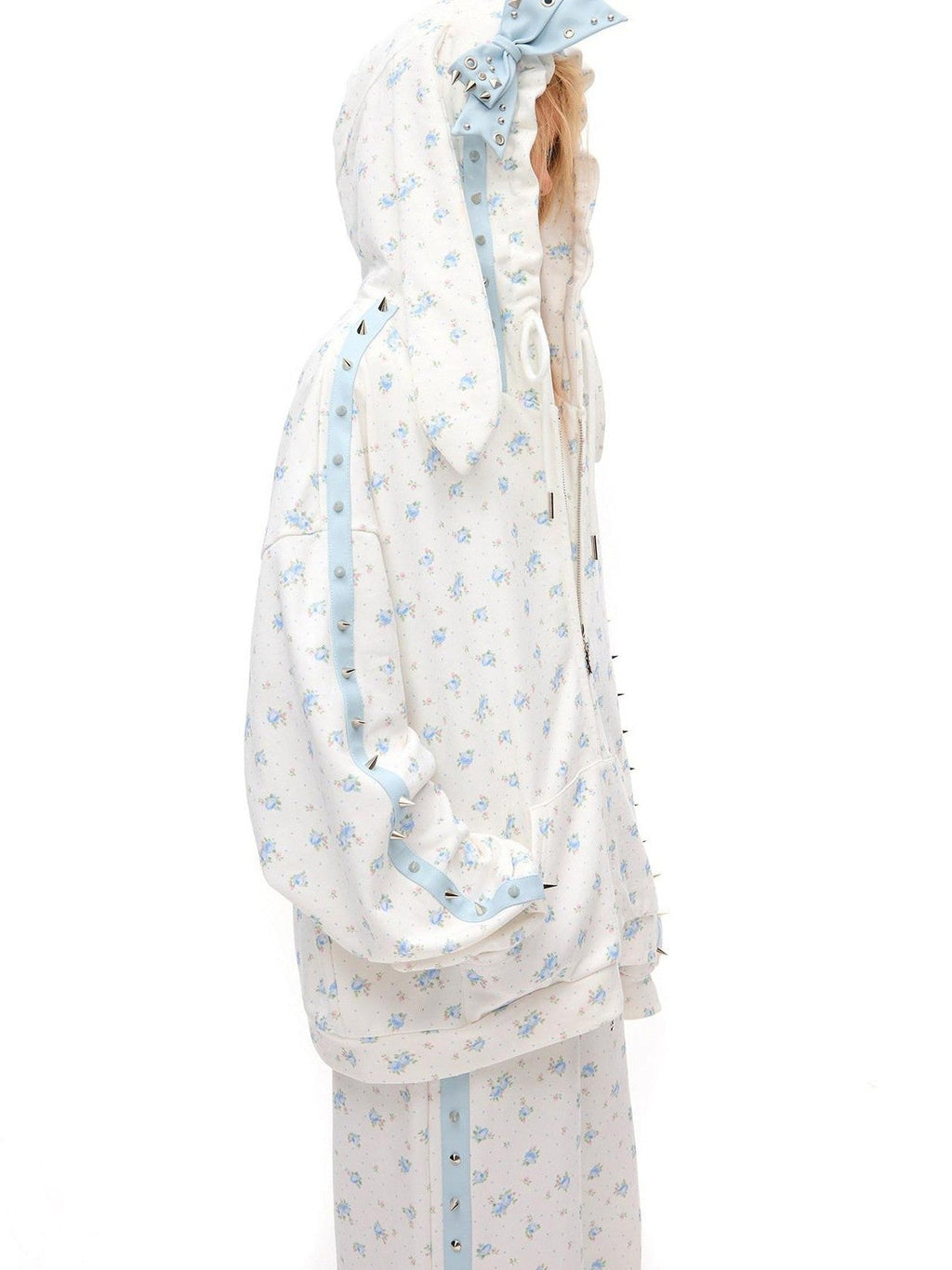 Rose Thorn Floral Rabbit Ear Oversized Zip Hooded Women'S Cotton Hoodies