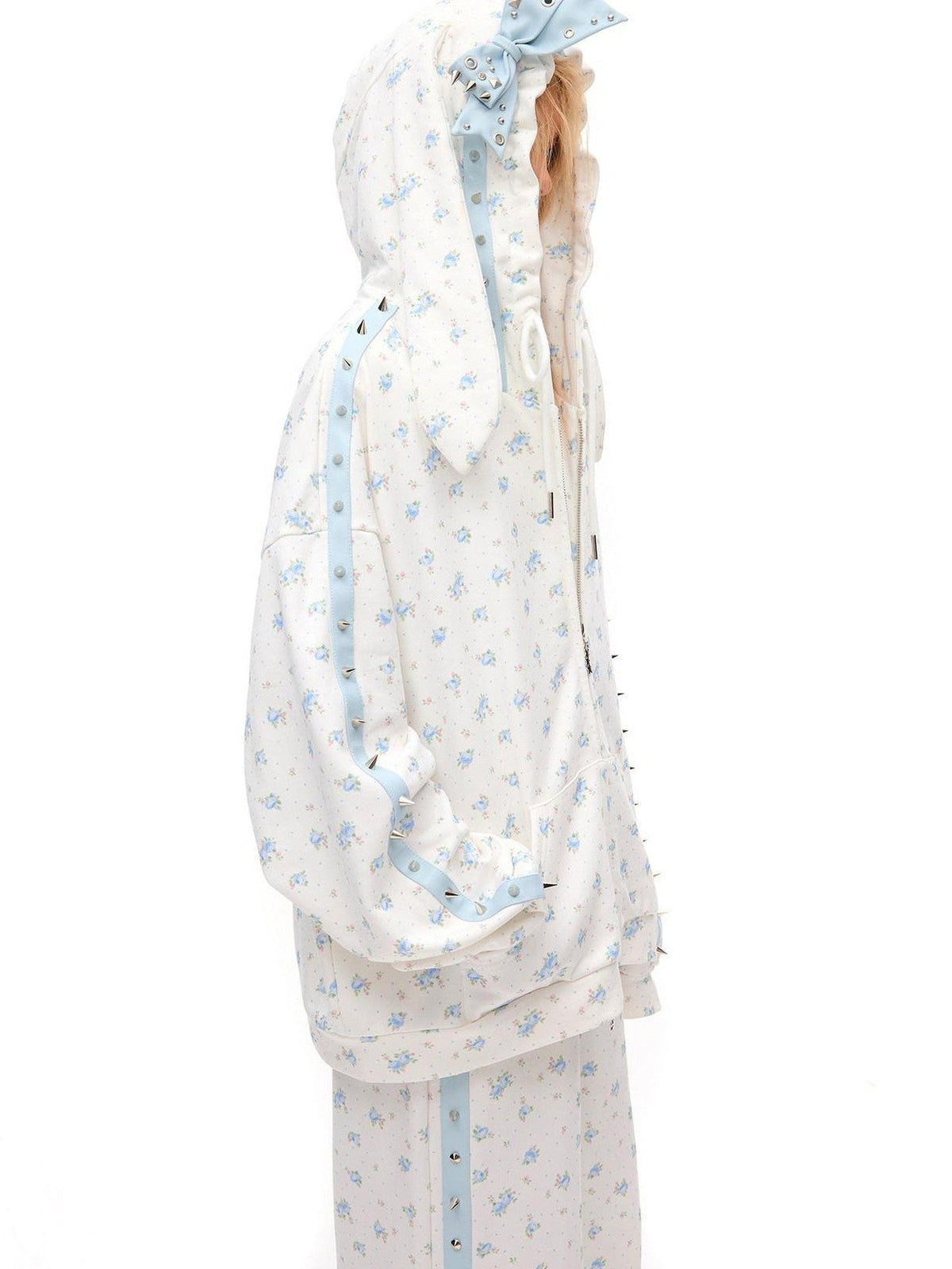 Rose Thorn Floral Rabbit Ear Oversized Zip Hooded Women'S Cotton Hoodies