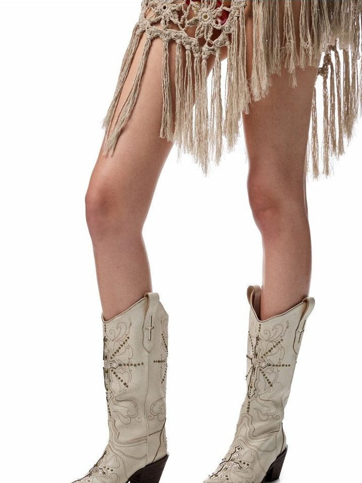 Crackle Embroidered V Cut Pointed Women's Cowhide Mid-calf Boots