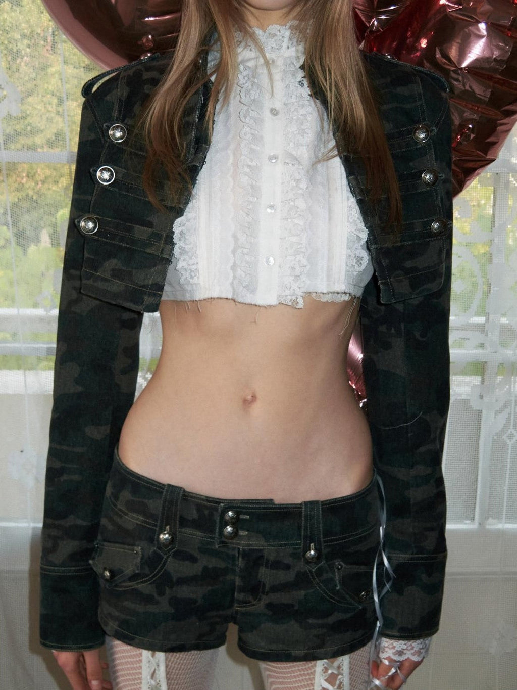 Cropped Napoleon Camouflage Low Waist Women's Canvas Casual Top & Shorts Sets