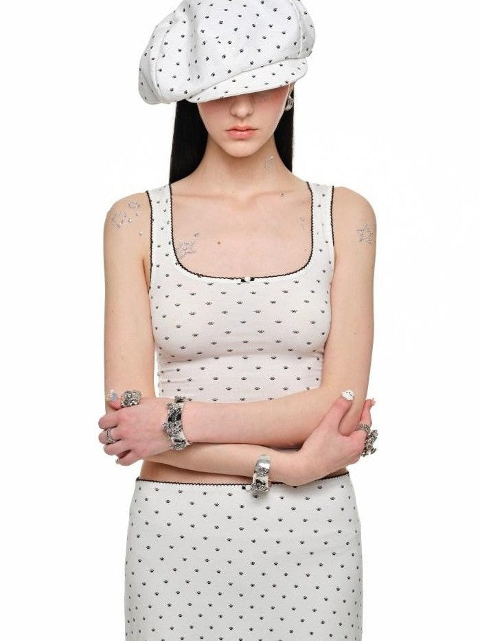 Polka Dot Cat Paw Lace Round Neck Slim Knit Pencil Women's Matching Skirt Sets