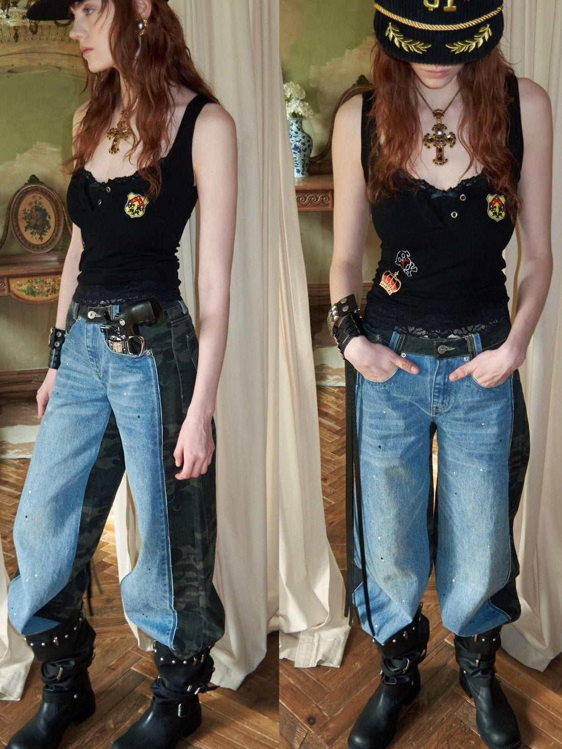 Vintage Double Sided Camo Patch Ink Splatter Women's Cotton Blend Wide-leg Jeans