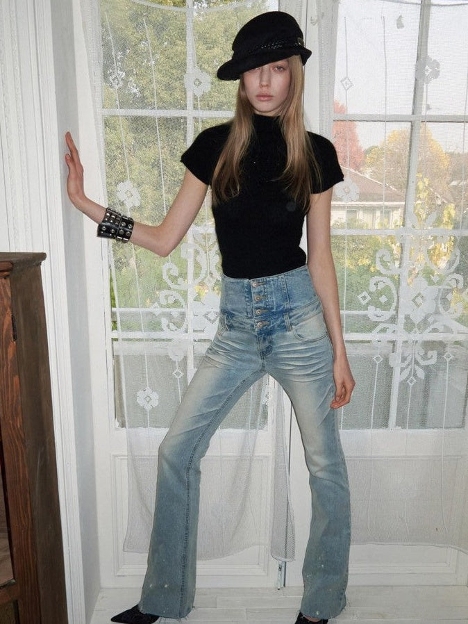 Vintage Washed High Waist Panel Asymmetrical Brushed Women's Denim Bootcut Jeans
