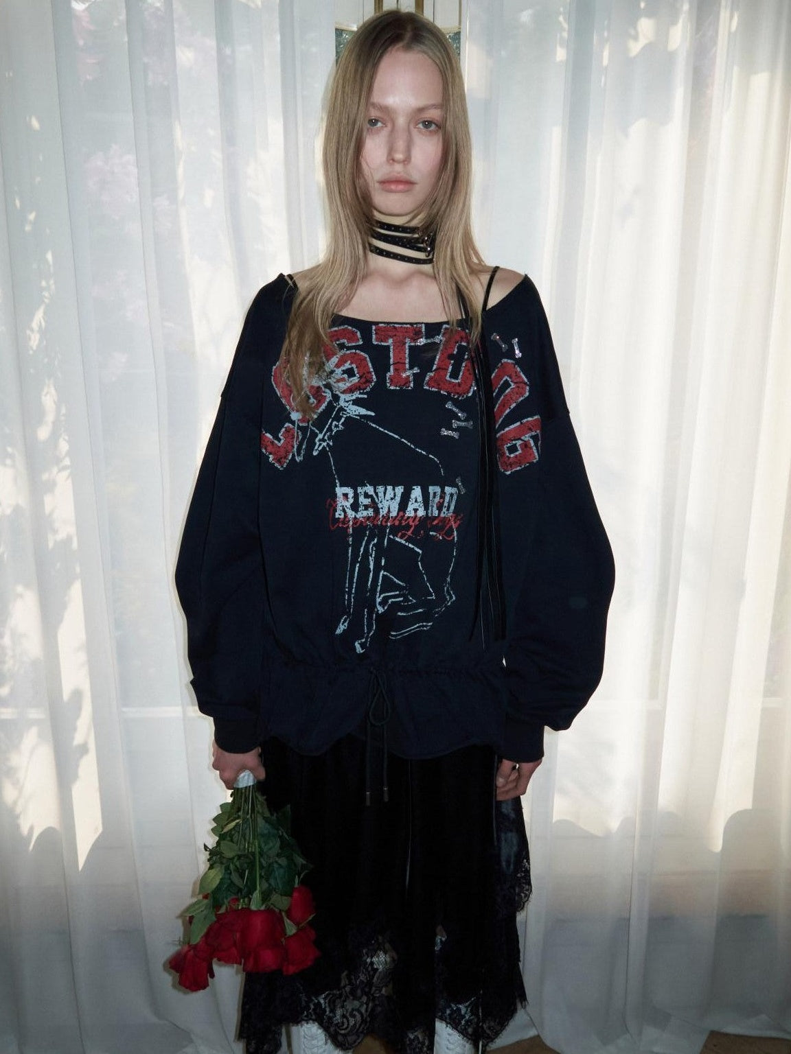 Animal Print Letters Asymmetric Shoulder Drawstring 3d Floral Women's Sweatshirts