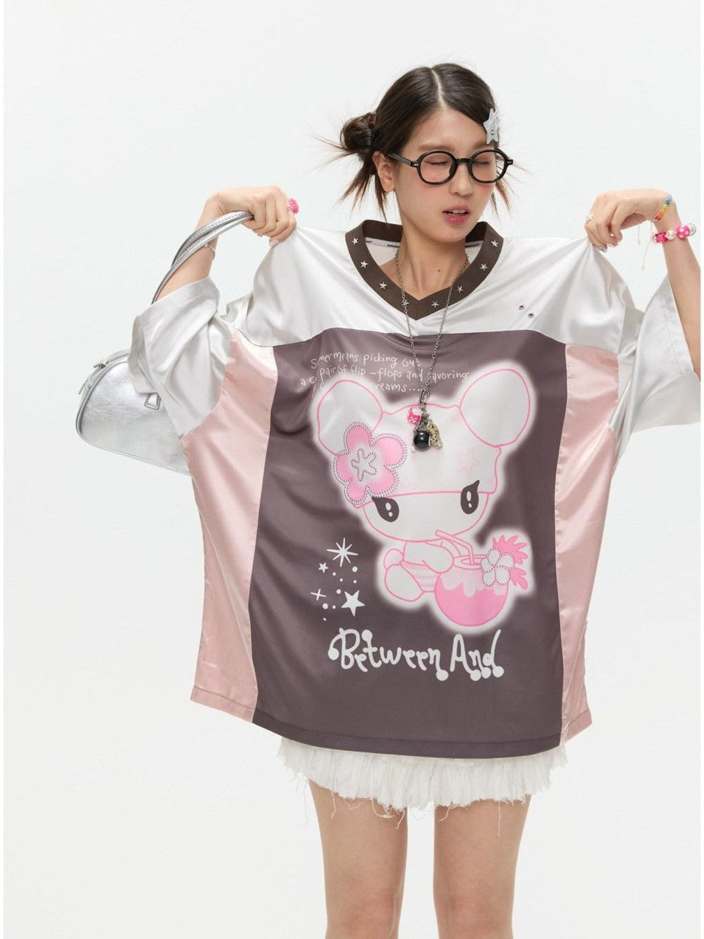 Silver Patchwork Printed Breathable Women's Polyester Oversized T-shirts